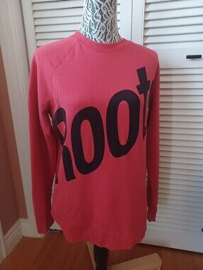 Roots Women's Small Pink Graphic Crewneck Sweater Logo Name Soft Comfy